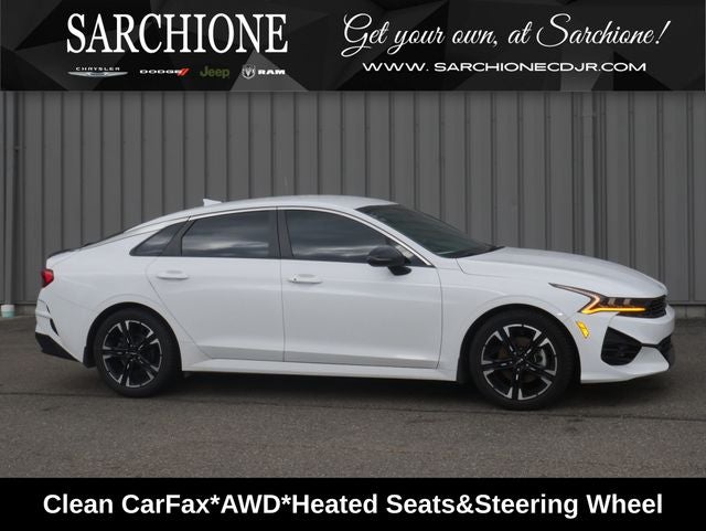 2024 Kia K5 GT-Line in Glacial White Pearl — front three-quarter view